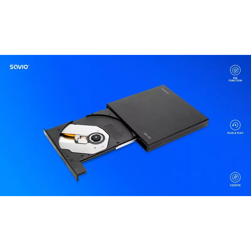 Unidad externa DVD±RW slim SAVIO AK-43, USB 2.0, negra, compatible con lectura/escritura de CD/DVD (24x CD, 8x DVD)