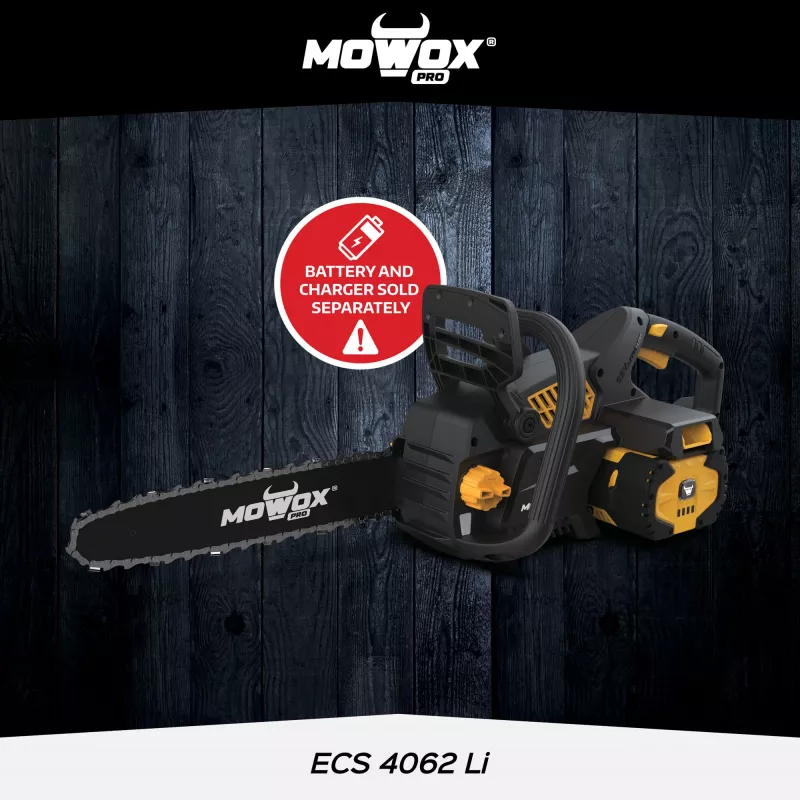 Motosierra de batería MoWox ECS 4062 Li — 62 V iones de litio, tensado de cadena sin herramientas (solo carcasa, sin batería/cargador)