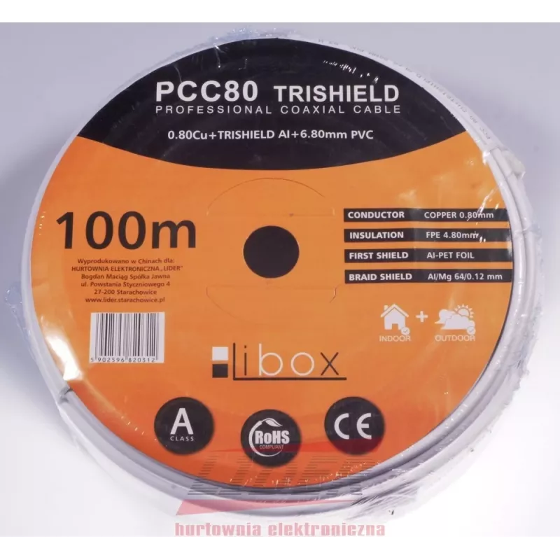 Cable coaxial LIBOX PCC80 RG-6/U 100 m, funda FEP, conductor de cobre de 0,8 mm, apantallamiento de aluminio, blanco