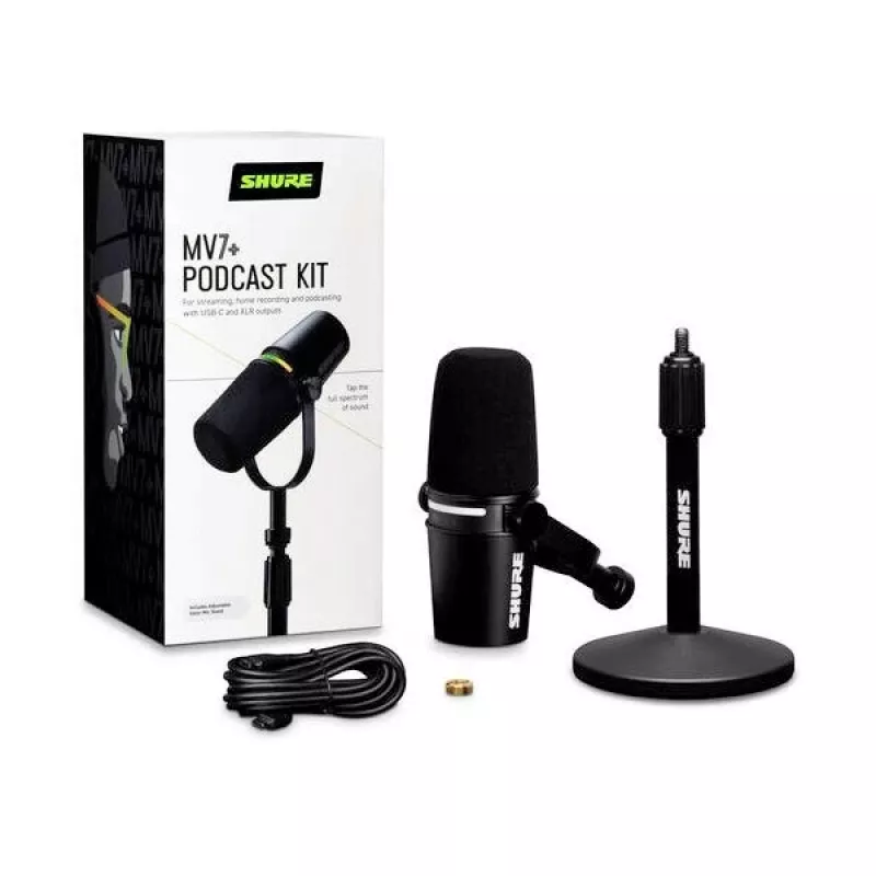 Shure MV7+-K-BNDL - micrófono para locución/canto con conexión XLR/USB-C, negro + soporte de mesa GATOR