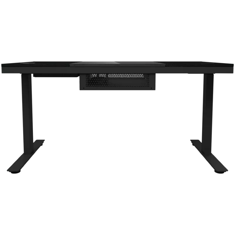 Mesa gaming de altura ajustable con doble motor, función sentado/de pie, caja de PC integrada, cargador inalámbrico, iluminación RGB, panel de control y puertos USB, tablero de vidrio templado, negro.