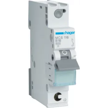 Hager MCS116. Corriente nominal: 16 A, frecuencia de entrada: 50/60, corriente nominal de salida: 16 A. Ancho: 17,5 mm, profundidad: 70 mm, altura: 83,4 mm (MCS116)