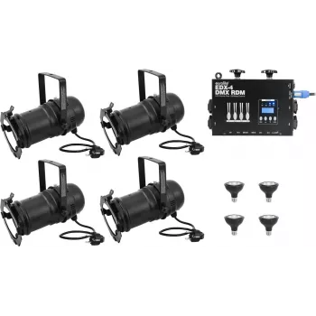 Eurolite Set 4x PAR-30 Spot negro dim2warm + EDX-4 DMX RDM LED Dimmer Pack
