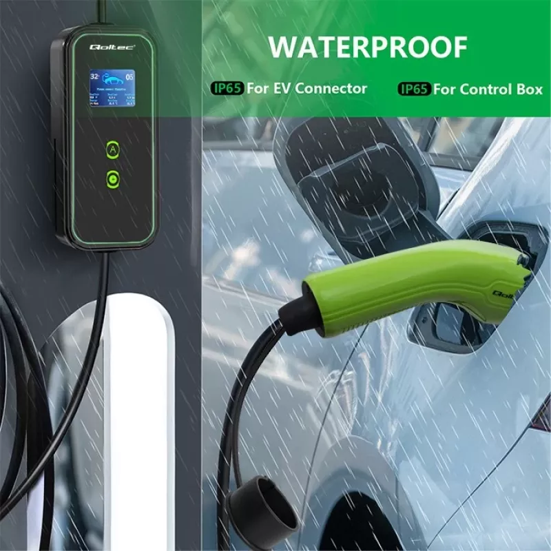 Cargador de coche EV móvil Qoltec ajustable 2en1 Type2 | 7kW | 230V | CEE 3 PIN | Wi-Fi | LCD | portátil | wallbox | 5m