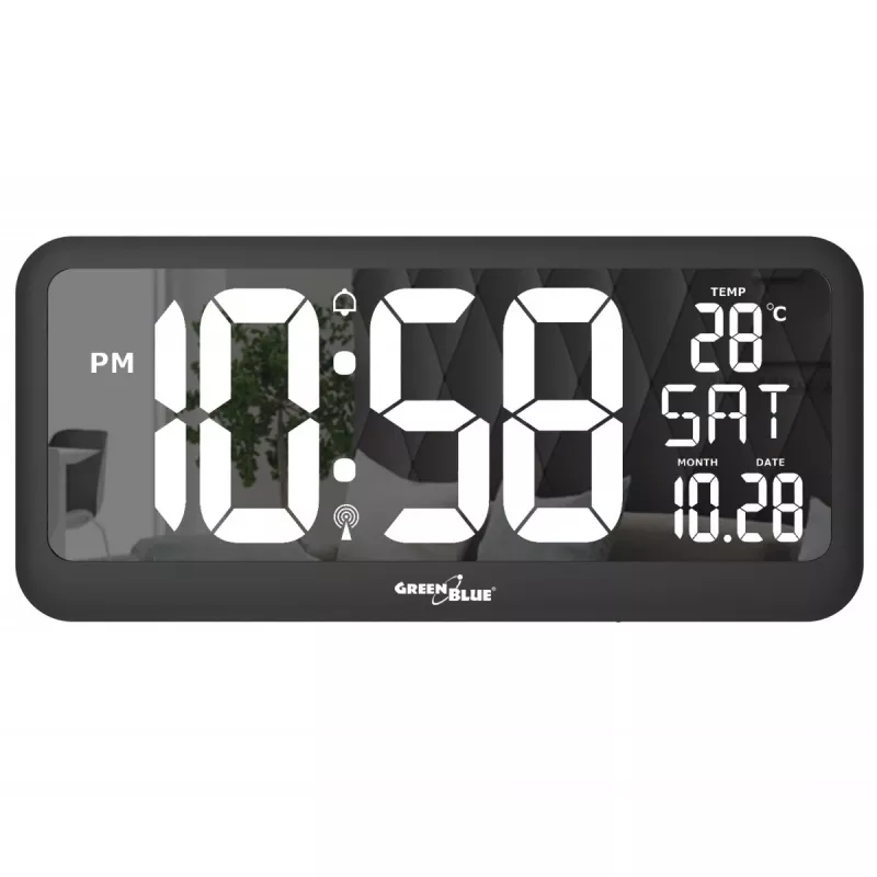 Reloj de pared digital grande GreenBlue GB214 con sensor de temperatura y fecha, LCD 37x17 cm, de pared o independiente, alimentación por adaptador y pilas