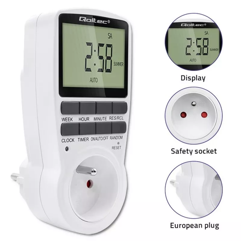Temporizador electrónico QOLTEC PC0628 con pantalla LCD, cuenta atrás de 24 horas