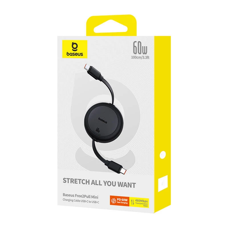 Cable USB-C a USB-C Baseus Free2Pull Mini, 60 W, 1 m, (negro)