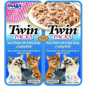 Snack de alimento húmedo para gatos INABA Twin atún con pollo y vieiras en caldo, 2 sobres de 40 g, sabor a pescado, 86,5 % de humedad