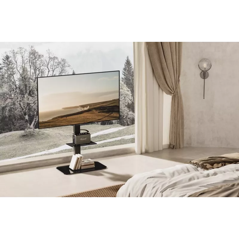 Soporte de TV de suelo GEMBIRD TVS-86ST-01 para televisores de 43–86 pulgadas, negro, base de vidrio templado, VESA 100x100–600x400, máx. 60 kg