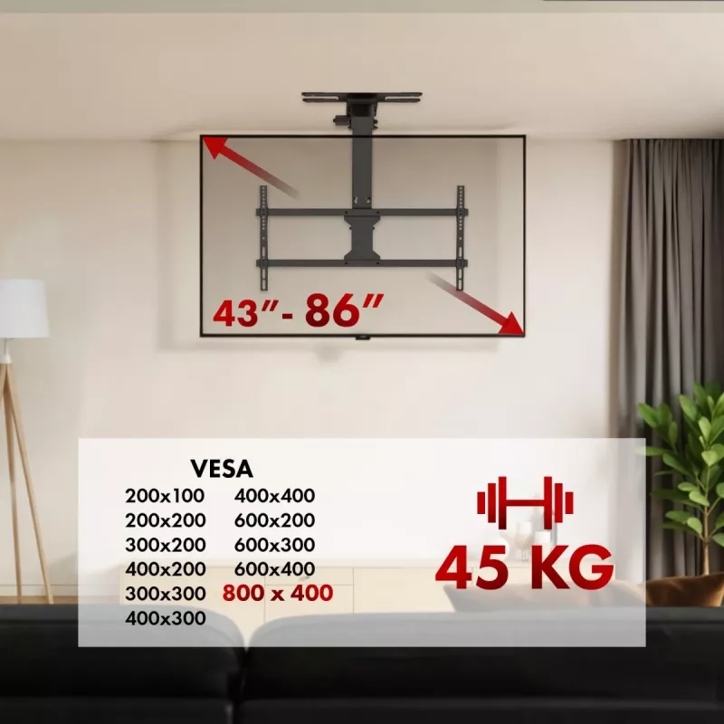 Soporte de techo para TV MACLEAN MC-109 T VESA 800x400 para pantallas de 43–86 pulgadas, carga máx. 45 kg