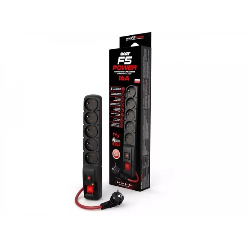 ACAR F5 POWER regleta con protección contra sobretensiones, 5 tomas, 16 A, con interruptor, 1,5 m, negra