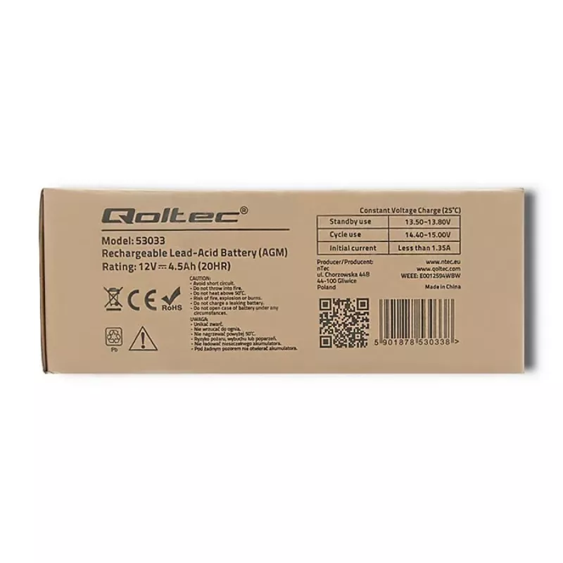 Qoltec 53033 batería AGM 12 V 4,5 Ah, máx. 1,35 A, sin mantenimiento