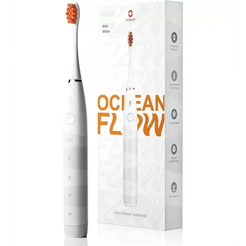 Cepillo de dientes sónico OCLEAN FLOW Adultos — a pilas, modo blanqueamiento, temporizador integrado, velocidad ajustable, 255 mm de altura, blanco, 0,13 kg, 1 mango + 1 cabezal de cepillo