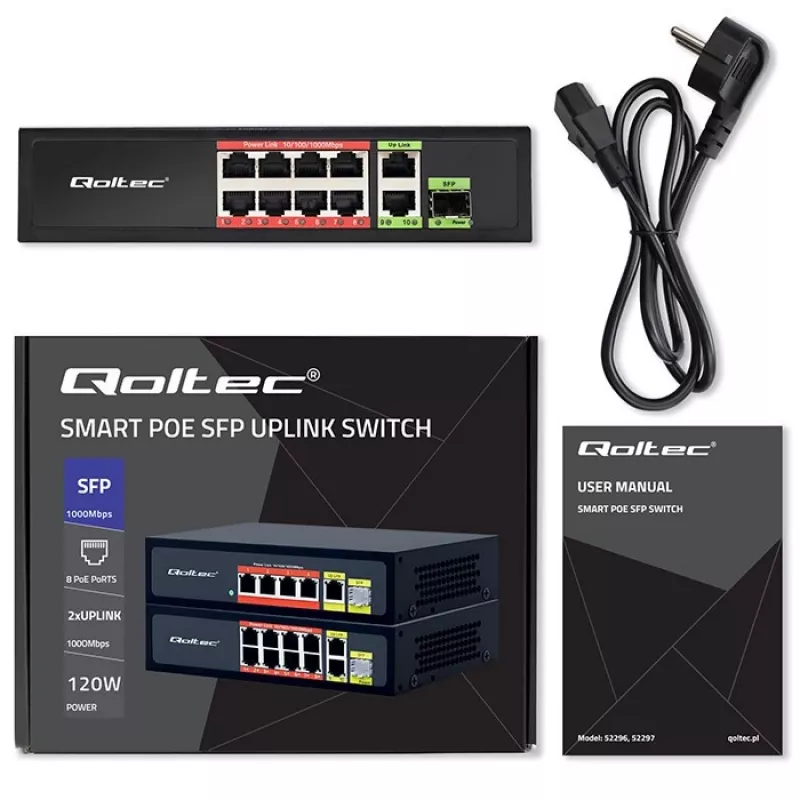 Switch Ethernet QOLTEC 52297 PoE RJ45 con uplink PoE y puerto SFP