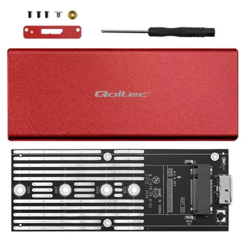 Caja SSD QOLTEC 51831 USB 3.0 para unidades M.2 SATA de hasta 2 TB, roja, compatible con longitud de 30 mm, hasta 4 unidades