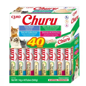 Snacks de alimento húmedo INABA Churu Variety Box — atún, 40 sobres de pasta de 14 g, sin cereales, sin gluten