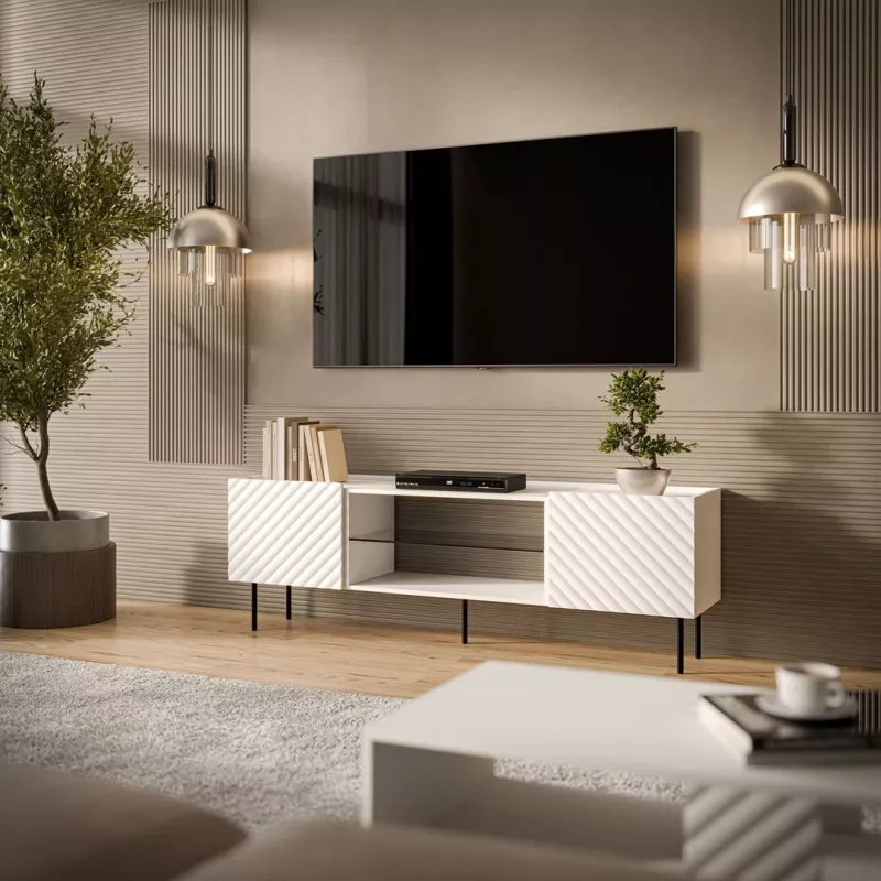 Mueble TV cama meble LUCCA 180x40x59 cm — tapa de aglomerado blanca, cuerpo blanco