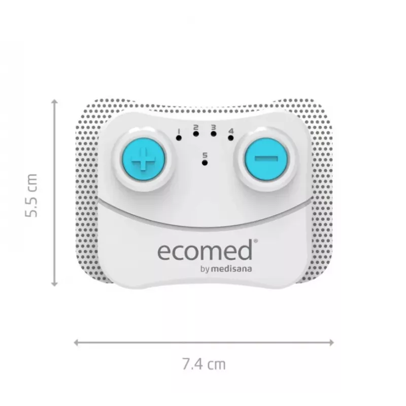 Electroestimulador Medisana TT-10E TENS inalámbrico recargable — 5 programas, 10 niveles de intensidad, 2 electrodos (74×55 mm)