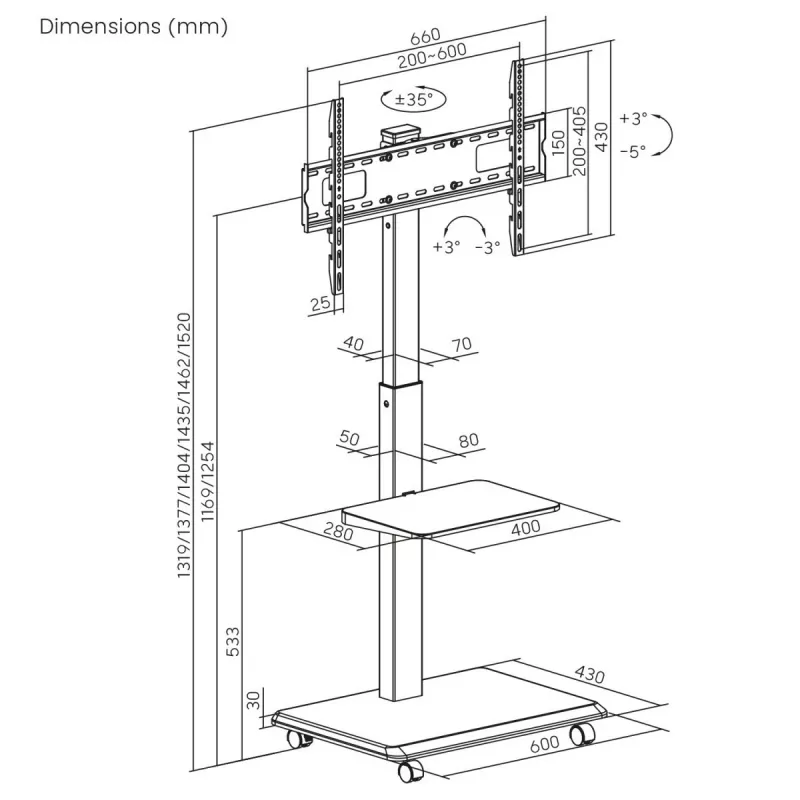 Soporte de TV ergo office ER-304 B, capacidad máx. 50 kg, VESA 600x400