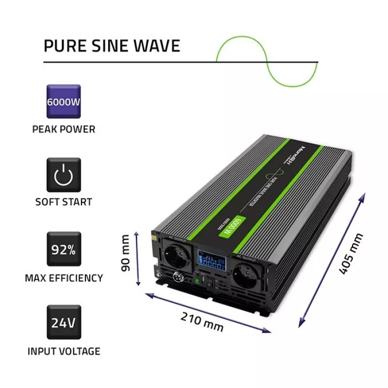 Qoltec 51923 inversor de onda sinusoidal pura Monolith | 3000W | 6000W | 24V a 230V | LCD