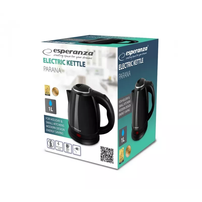 Hervidor de agua ESPERANZA EKK128K 1,0 L, 1350 W, acero inoxidable, inalámbrico, apagado automático, protección contra funcionamiento en seco