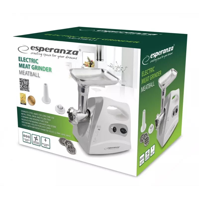 Esperanza EKM012E Meatball picadora de carne eléctrica, 600 W, 3 discos de corte, accesorios para salchichas y kebbe, gris