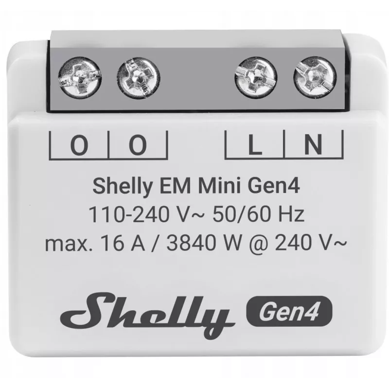 Relé inteligente Shelly Relay EM Mini Gen4 1 canal Wi‑Fi Matter Zigbee Bluetooth 8A, 110–240V, Medidor de energía