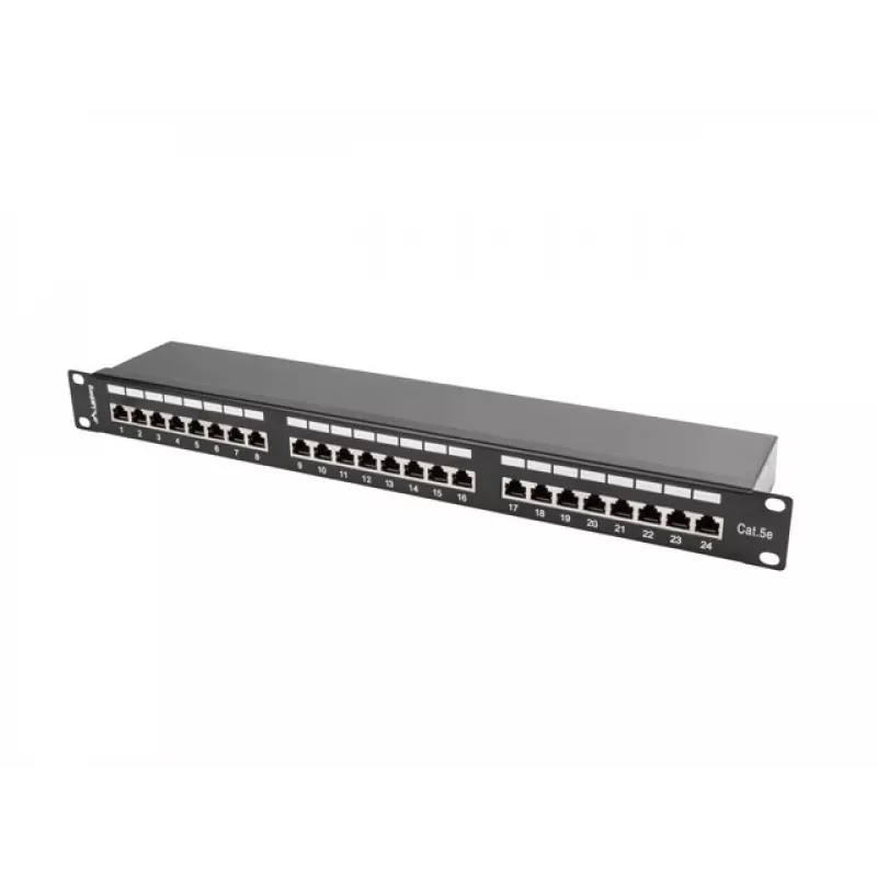 Patch panel 1U LANBERG PPS5-1024-B — 24 puertos RJ-45 Cat5, metal, negro, montaje en rack