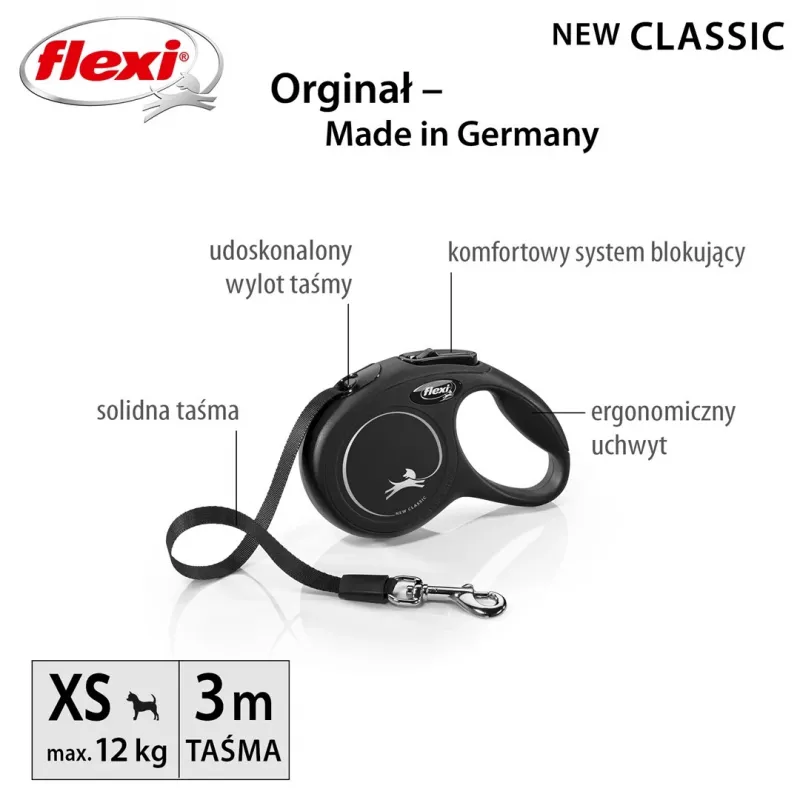 Correa retráctil Flexi New Classic Cat XS 3 m — correa de cordón para mascotas pequeñas, negra, carga máx. 8 kg