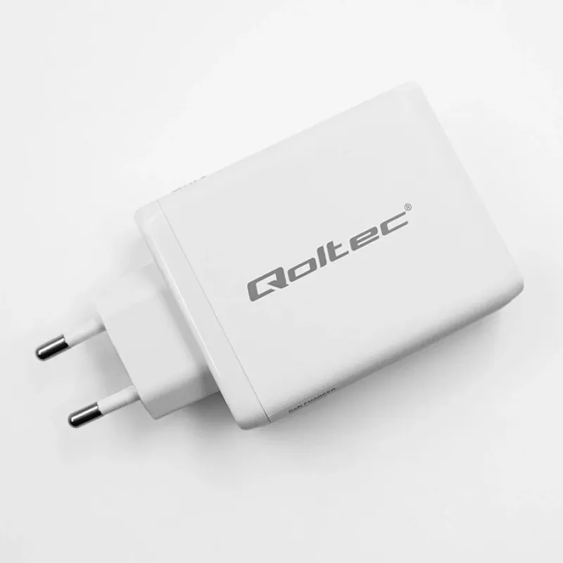 Cargador QOLTEC 100W GaN USB-C Dual PD 5–20V 1,5–5A, 2×USB-C