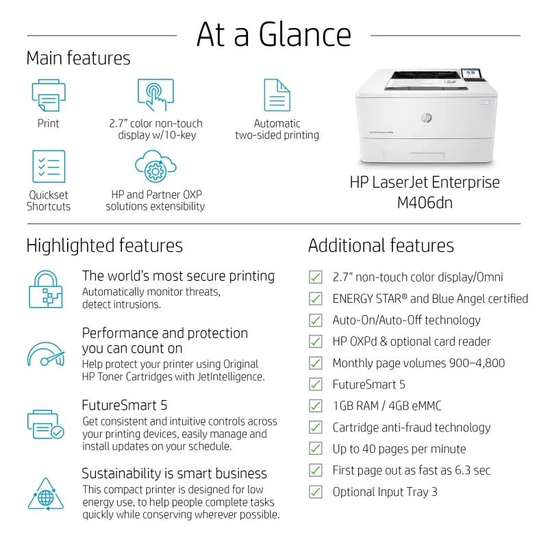HP LaserJet Enterprise M406dn, láser, 1200 x 1200 DPI, A4, 38 ppm, impresión a doble cara, listo para red