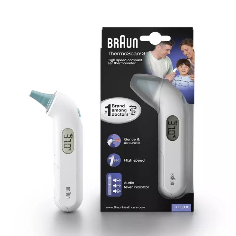 Termómetro de oído de contacto BRAUN ThermoScan 3 IRT3030 — medición 34–42,2 °C, 1 s, LCD, zumbador, blanco