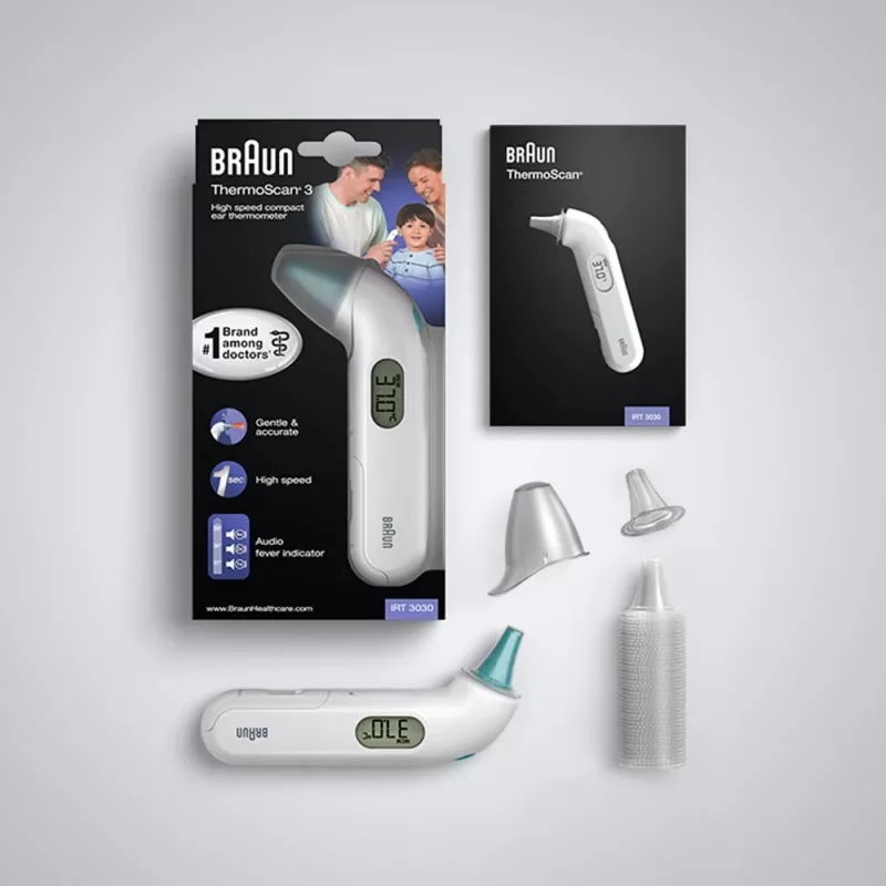 Termómetro de oído de contacto BRAUN ThermoScan 3 IRT3030 — medición 34–42,2 °C, 1 s, LCD, zumbador, blanco