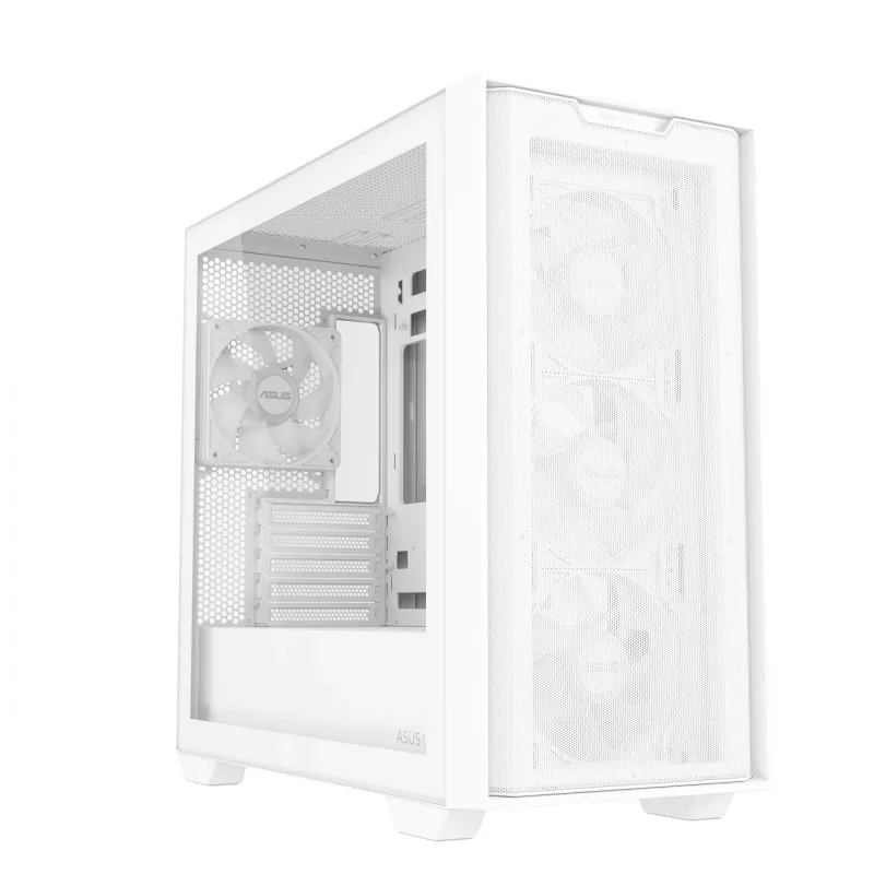 Caja de PC ASUS A21 PLUS Micro ATX blanca — compatible con Micro ATX/Mini-ITX, 3 ventiladores frontales de 120 mm, 1 ventilador trasero de 120 mm, radiador frontal de 360 mm, GPU hasta 380 mm