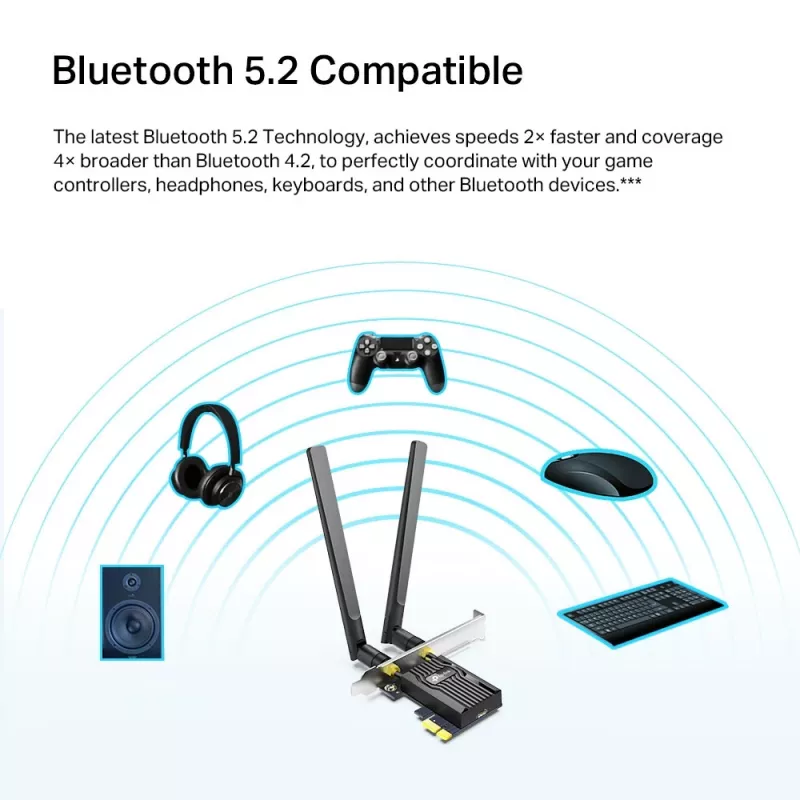 Adaptador PCIe TP-Link AX1800 Wi-Fi 6 Bluetooth 5.2, interno, inalámbrico, PCI Express, WLAN / Bluetooth, 1800 Mbit/s, negro