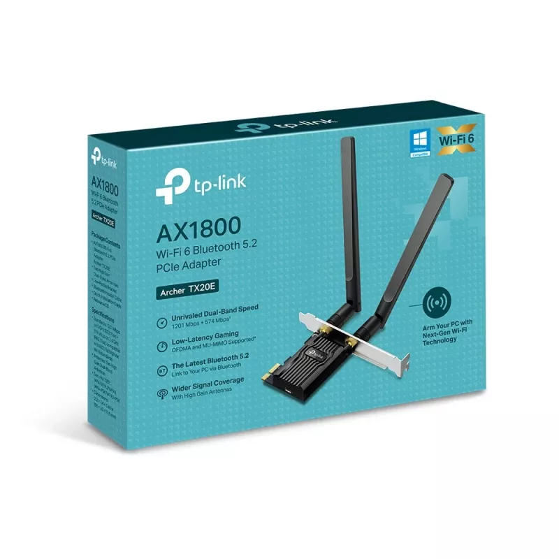 Adaptador PCIe TP-Link AX1800 Wi-Fi 6 Bluetooth 5.2, interno, inalámbrico, PCI Express, WLAN / Bluetooth, 1800 Mbit/s, negro