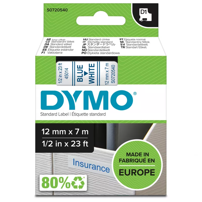 Etiquetas DYMO Authentic D1 | impresión azul sobre cinta blanca | 12 mm x 7 m | etiquetas autoadhesivas para impresoras de etiquetas LabelManager | fabricadas en Europa