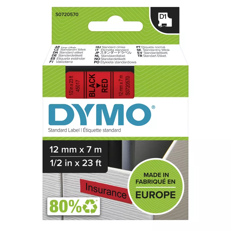 Etiquetas DYMO Original D1 | impresión negra sobre cinta roja | 12 mm x 7 m | etiquetas autoadhesivas para rotuladoras LabelManager | fabricadas en Europa