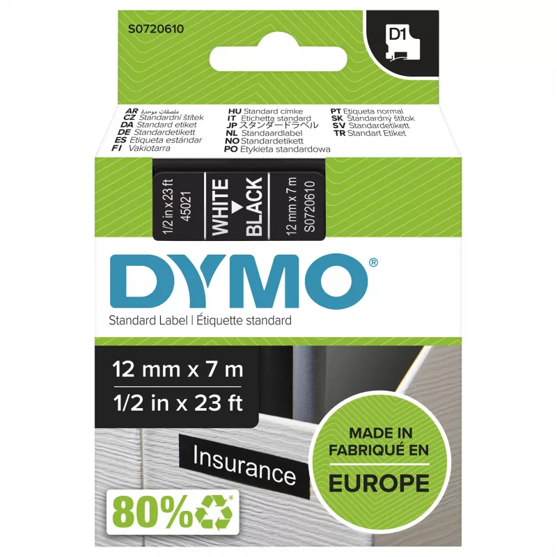 Etiquetas DYMO Original D1 | impresión blanca sobre cinta negra | 12 mm x 7 m | etiquetas autoadhesivas para impresoras de etiquetas LabelManager | fabricadas en Europa