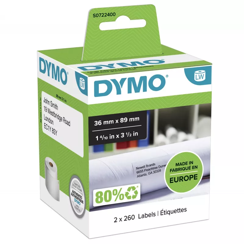 DYMO Authentic LabelWriter Etiquetas grandes para direcciones | 36 mm x 89 mm | autoadhesivas | 2 rollos de 260 (520 etiquetas Easy-Peel) | para impresoras de etiquetas LabelWriter | fabricadas en Europa