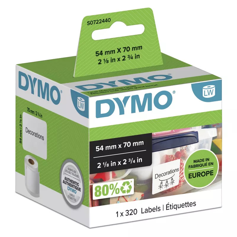 DYMO Authentic LabelWriter Etiquetas multiusos | 54 mm x 70 mm | autoadhesivas | rollo de 320 etiquetas Easy-Peel | para impresoras de etiquetas LabelWriter | fabricadas en Europa