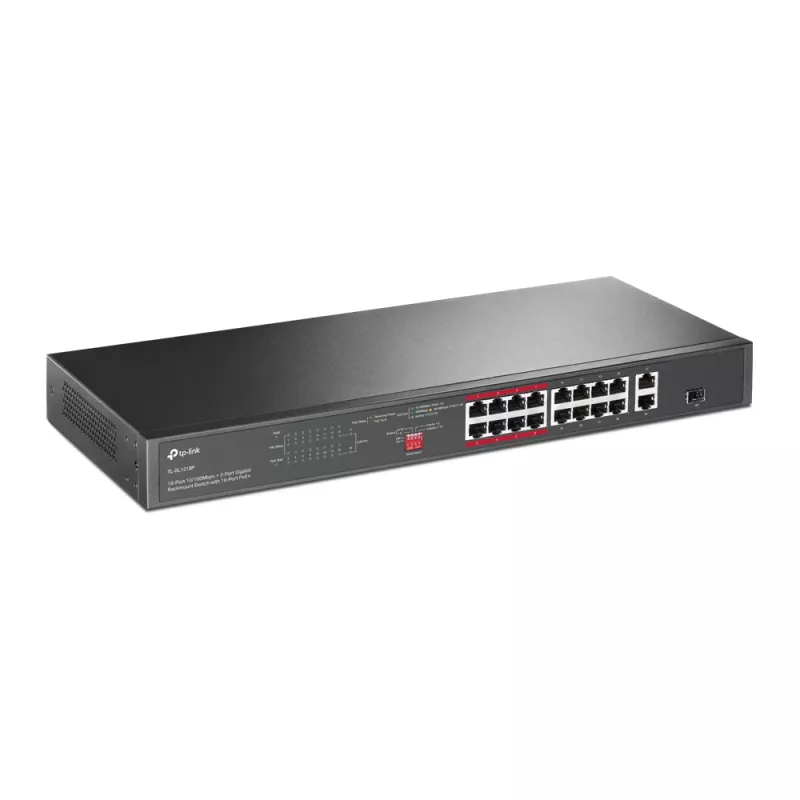 Switch PoE TP-Link 16 puertos 10/100 Mbps + 2 puertos Gigabit para rack con 16 puertos PoE+