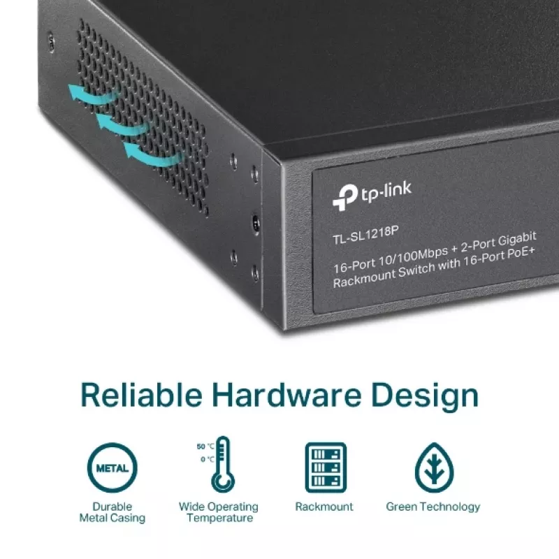Switch PoE TP-Link 16 puertos 10/100 Mbps + 2 puertos Gigabit para rack con 16 puertos PoE+