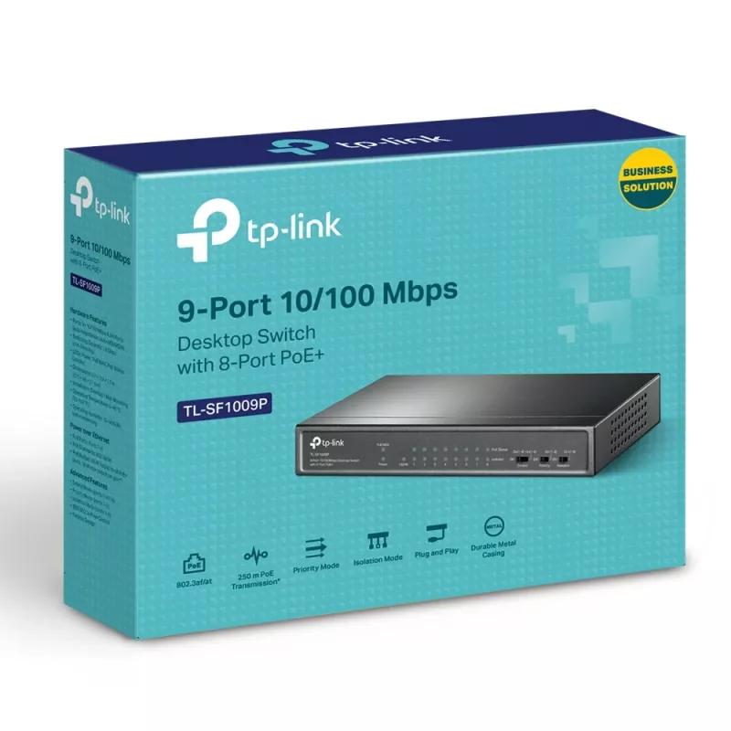 Switch de escritorio TP-Link 9 puertos 10/100Mbps con 8 puertos PoE+
