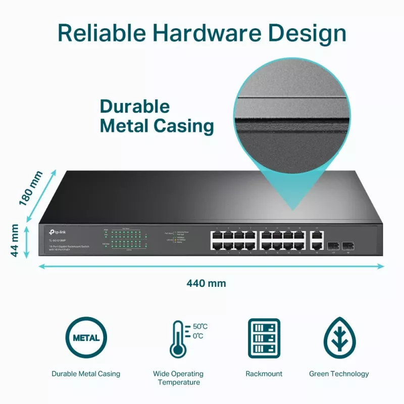 Switch TP-Link 18 puertos Gigabit para rack con 16 PoE+, no gestionado, Gigabit Ethernet (10/100/1000), dúplex completo, Power over Ethernet (PoE), montaje en rack, 1U