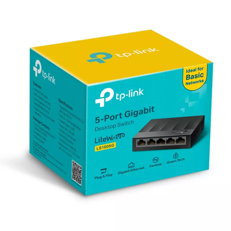 Switch de red de escritorio TP-Link 5 puertos 10/100/1000Mbps, no gestionado, Gigabit Ethernet (10/100/1000), montaje en pared