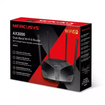 Router de sobremesa MERCUSYS MR80X — Wi‑Fi 6 dual band (802.11ax), 3000 Mbit/s, 4 antenas externas, 3 puertos Gigabit LAN