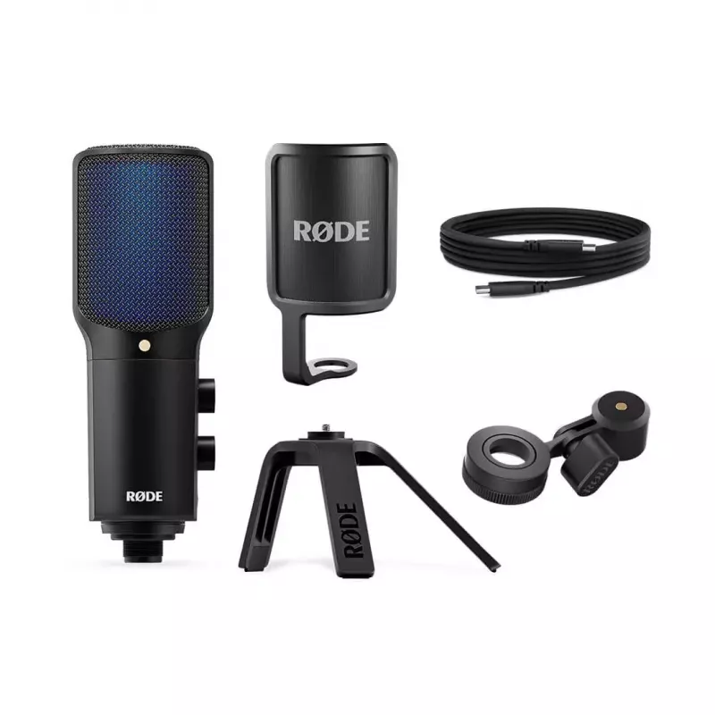 Micrófono USB de condensador para PC RØDE NT-USB+ — Patrón cardioide, 24 Bit/48 kHz, 20–20000 Hz, salida de auriculares de 3,5 mm, USB-C, negro