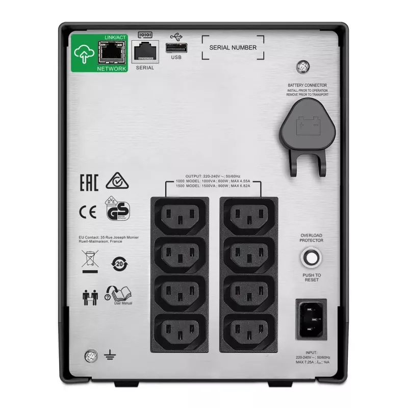 APC Smart-UPS C, Line Interactive, 1000VA, torre, 230V, 8x tomas IEC C13, puerto SmartConnect, comunicación USB y serie, AVR, LCD gráfica