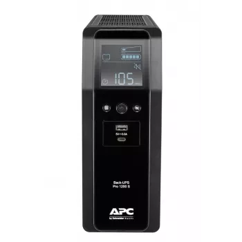 APC Back-UPS Pro, 1200VA/720W, torre, 230V, 8x tomas IEC C13, onda senoidal, AVR, conexiones USB Type-A + C, LCD, batería reemplazable por el usuario